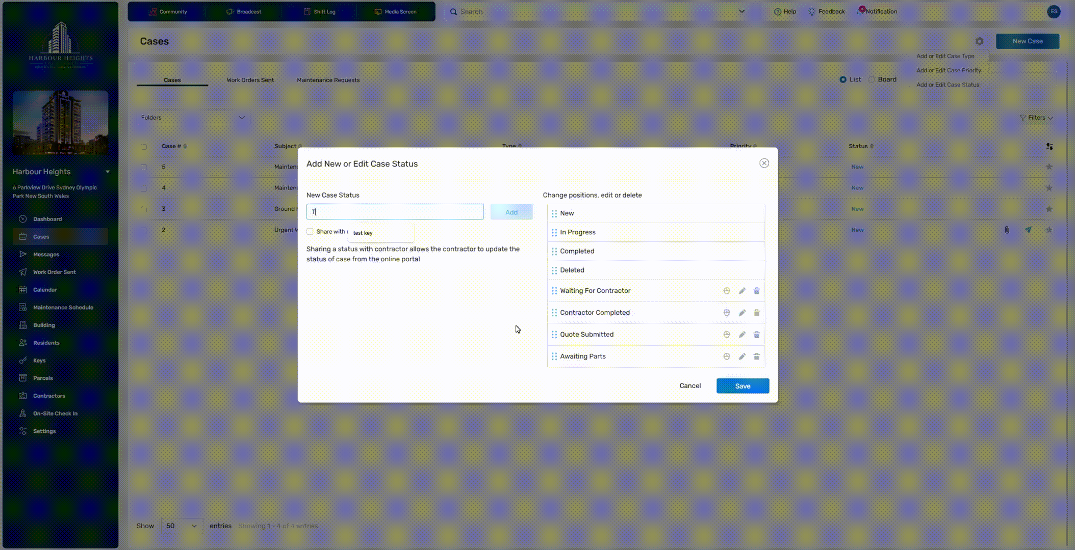 Reordering, Editing, Removing Case Statuses
